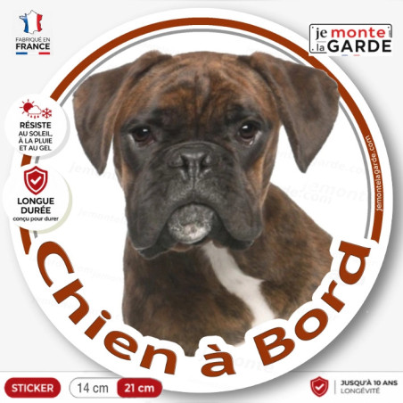 Boxer bringé marron Tête, sticker autocollant rond "Chien à Bord" Disque photo vitre voiture Boxeur zébré résiste dehors