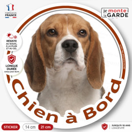 Beagle tricolore, sticker autocollant rond "Chien à Bord" Disque adhésif vitre voiture photo, résiste à l'extérieur