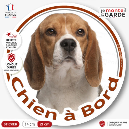 Beagle tricolore, sticker autocollant rond "Chien à Bord" Disque adhésif vitre voiture photo, résiste à l'extérieur