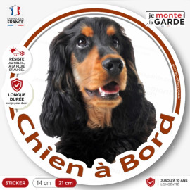 Cocker Anglais noir et feu, sticker autocollant rond "Chien à Bord" Disque photo adhésif vitre voiture chien Spaniel