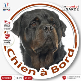 Rottweiler, sticker autocollant rond "Chien à Bord" Disque adhésif vitre voiture photo, résiste pluie soleil gel, idée cadeau