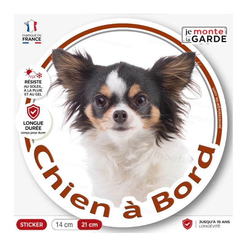 Chihuahua tricolore poils longs, sticker autocollant rond "Chien à Bord" Disque photo adhésif vitre voiture, résiste dehors