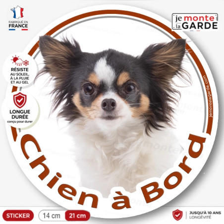 Chihuahua tricolore poils longs, sticker autocollant rond "Chien à Bord" Disque photo adhésif vitre voiture, résiste dehors