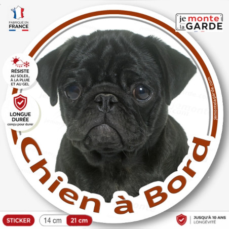 Carlin Noir, sticker autocollant rond "Chien à Bord" Disque adhésif vitre voiture photo, résiste pluie soleil gel, idée cadeau