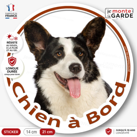 Welsh Corgi blanc et noir bringé, disque photo autocollant "Chien à Bord" Sticker adhésif rond vitre voiture pembroke cardigan