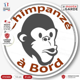 sticker rond "Chimpanzé à Bord" humour absurde voiture remorque photo Disque autocollant adhésif singe homme macaque babouin