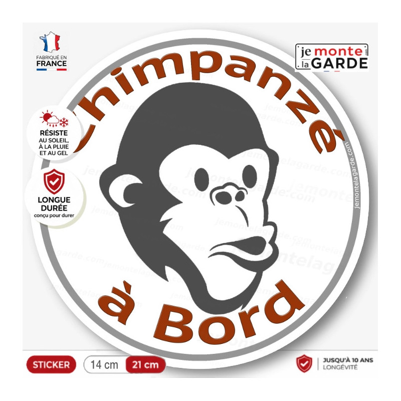 sticker rond "Chimpanzé à Bord" humour absurde voiture remorque photo Disque autocollant adhésif singe homme macaque babouin