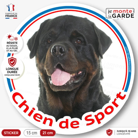 Sticker rond "Chien de Sport" Rottweiler Tête, Autocollant Rott agility photo sportif, résiste à l'extérieur