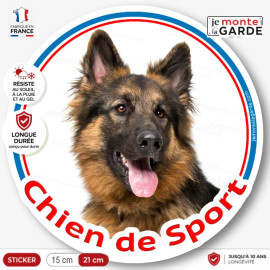 Sticker rond "Chien de Sport" Berger Allemand poils longs Tête, autocollant agility photo, résiste pluie soleil gel, idée cadeau