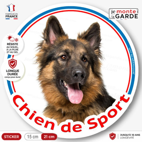 Sticker rond "Chien de Sport" Berger Allemand poils longs Tête, autocollant agility photo, résiste pluie soleil gel, idée cadeau