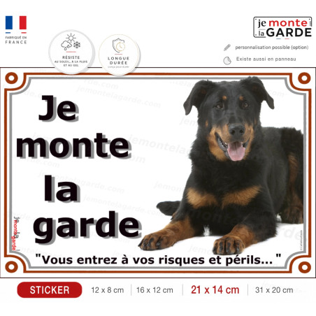 Berger Beauce noir feu, panneau autocollant "Je Monte la Garde, risques périls" portail entrée, sticker adhésif photo Beauceron