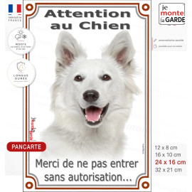 Berger Blanc Suisse, Plaque Portail verticale "Attention au Chien, pas sans autorisation" photo, résiste à l'extérieur