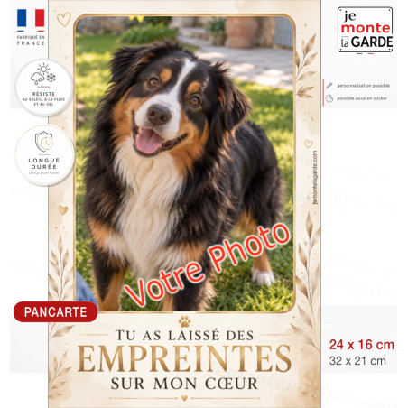 Plaque funéraire personnalisée avec la photo de votre chien, message "Tu as laissé des empreintes sur mon cœur"