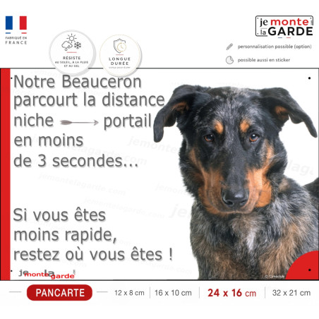 Beauceron arlequin, plaque humour "distance Niche-Portail 3 secondes" 4 Tailles