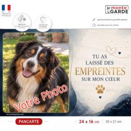 Plaque funéraire horizontale avec la photo de votre chien, décor bleu nuit, ivoire et doré, message "Empreintes sur mon cœur"