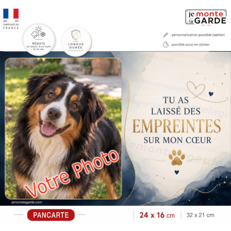 Plaque funéraire horizontale avec a photo de votre chien "Empreintes sur mon cœur" SORA | 2 Tailles