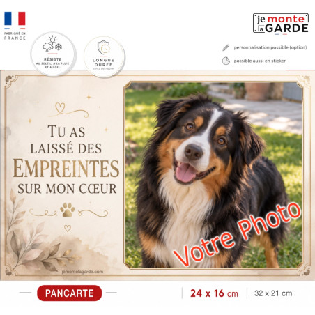 Plaque funéraire Alba avec la photo de votre chien, décor ivoire végétal et doré, message "Empreintes sur mon cœur"