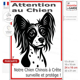 Plaque portail verticale "Attention au Chien, notre Chien Nu Chinois à Crête surveille et protège" dessin stylisé noir et blanc