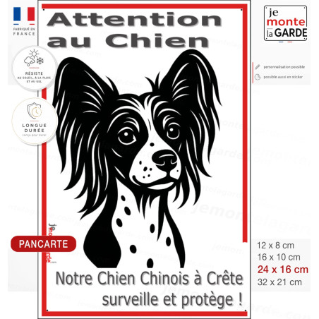 Plaque portail verticale "Attention au Chien, notre Chien Nu Chinois à Crête surveille et protège" dessin stylisé noir et blanc