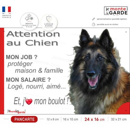 Berger Belge Tervueren, plaque Attention au Chien humour – mon job ? protéger maison & famille – j’aime mon job logé nourri aimé