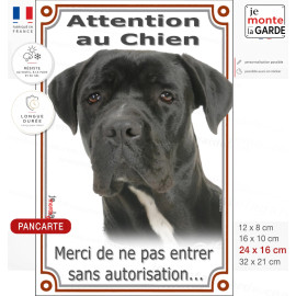Cane Corso Iatliano tout noir, Plaque Portail verticale "Attention au Chien, pas sans autorisation" photo, résiste à l'extérieur