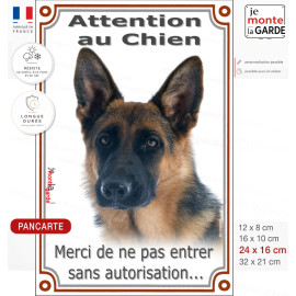 Berger Allemand poils courts, Pancarte Portail verticale "Attention Chien, interdit sans autorisation" photo, résiste extérieur