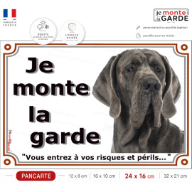 Dogue Allemand gris bleu, plaque portail "Je Monte la Garde, vous entrez à vos risques et périls" photo Danois, résiste dehors