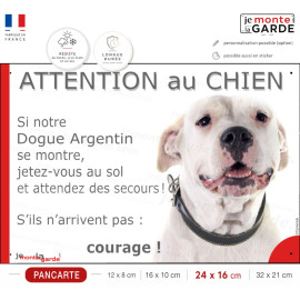 Dogue Argentin, plaque portail humour "Attention au Chien, Jetez Vous au Sol, attendez secours" photo, résiste à l'extérieur
