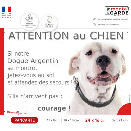 Dogue Argentin, plaque portail humour "Attention au Chien, Jetez Vous au Sol, attendez secours" photo, résiste à l'extérieur