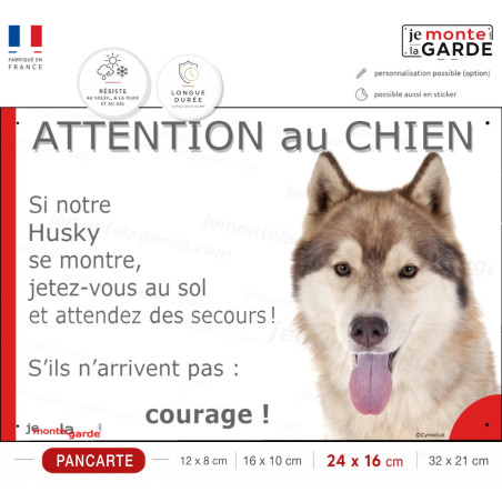 Husky Sibérien fauve doré plaque humour " Attention au Chien, Jetez Vous au Sol, attendez secours," photo, résiste à l'extérieur
