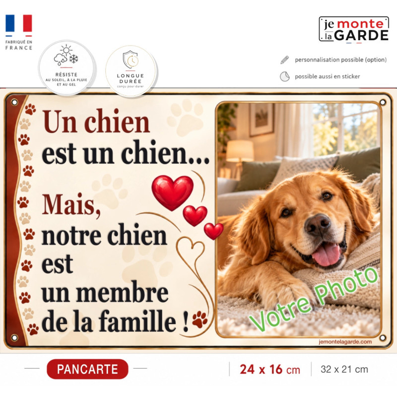 Plaque personnalisée Cœur avec la photo de votre chien et message "Notre chien est un membre de la famille" fabriquée en France.