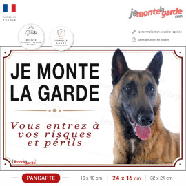 Pancarte Malinois "Je monte la garde" avec photo professionnelle expressive, fabriquée en France