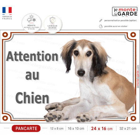 Lévrier Saluki fauve et blanc, plaque portail "Attention au Chien" photo Persan couché, résiste à l'extérieur