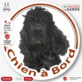 Cocker Américain noir, sticker autocollant rond "Chien à Bord" disque photo adhésif vitre voiture