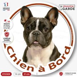 Bouledogue Français caille noir et blanc, sticker autocollant rond "Chien à Bord" disque photo vitre voiture, résiste dehors