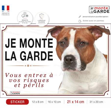 Amstaff fauve panneau autocollant "Je Monte la Garde, risques périls" portail entrée, sticker adhésif photo American Staff