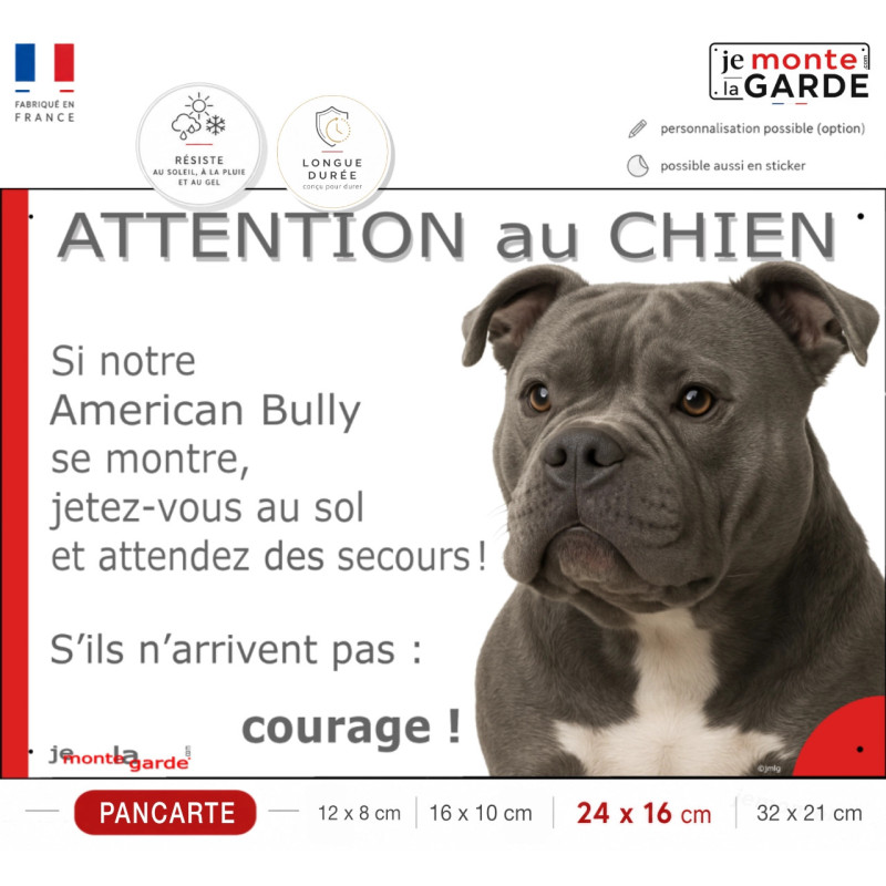 American Bully gris bleu, plaque extérieure humour "Attention au Chien, Jetez Vous au Sol, attendez secours" photo portail American Bully gris bleu, plaque extérieure humour "Attention au Chien, Jetez Vous au Sol, attendez secours" photo portail