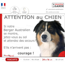 Berger Australien Tricolore Noir, plaque portail humour photo "Attention au Chien, jetez-vous au sol" résiste dehors