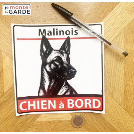 Sticker voiture Malinois dessin noir et blanc "Chien à Bord" 2 Tailles