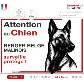 Plaque "Attention au Chien" avec Malinois en dessin noir et blanc et message "surveille protège", conçue pour résister dehors.