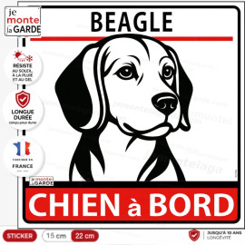 Sticker "Chien à Bord" Beagle en dessin noir et blanc, très graphique et contrasté, conçu pour rester lisible sur la voiture.