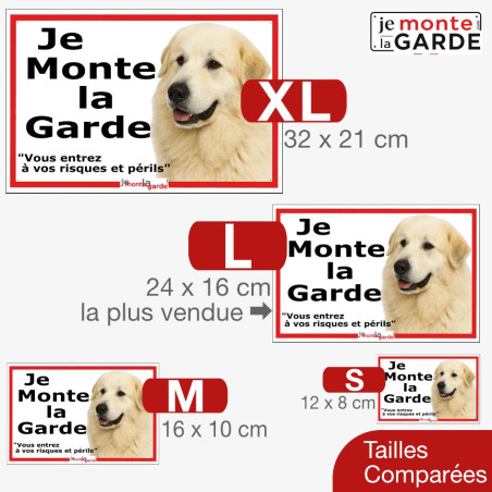 Plaque portail Montagne des Pyrénées blanc : “Je monte la garde, risques et périls” comparaison des tailles disponibles en photo