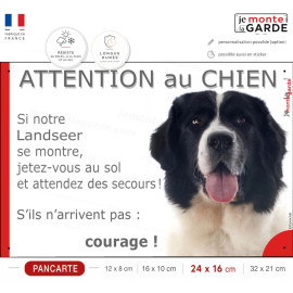 Pancarte humour Landseer noir et blanc photographié de face, au regard doux, avec avertissement "Jetez-vous au sol"