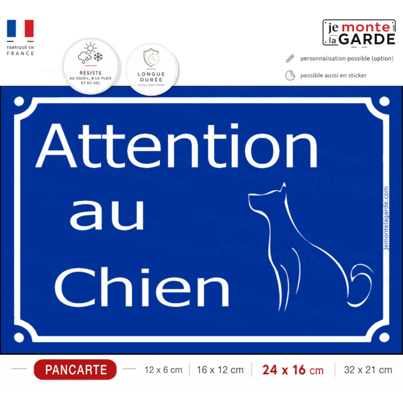 Plaque bleu marine “Attention au Chien” au singulier, signalétique épurée inspirée des plaques de rue parisiennes