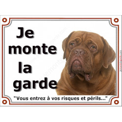 Dogue de Bordeaux masque face rouge tête, Plaque portail je monte la garde, affiche, risques périls pancarte attention au chien 