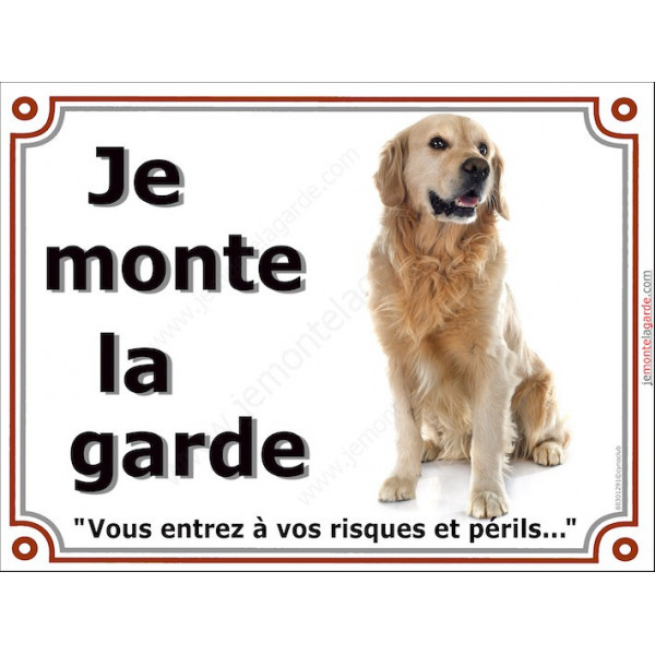 Golden Retriever foncé Assis, Plaque portail "Je monte la garde, risques et périls" affiche pancarte photo