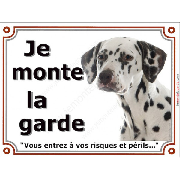 Dalmatien avec des taches foie, plaque portail "Je Monte la Garde, risques périls" panneau pancarte photo marron chocolat