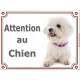 Bichon Frisé Couché, Plaque portail "Attention au Chien" panneau affiche pancarte photo race