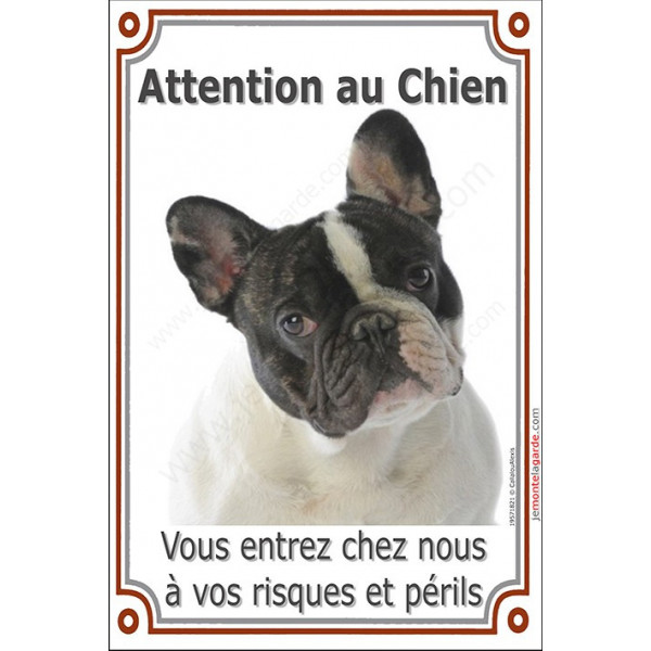 Bouledogue Français Caille, plaque portail verticale "Attention au Chien" pancarte panneau photo bulldog noir et blanc