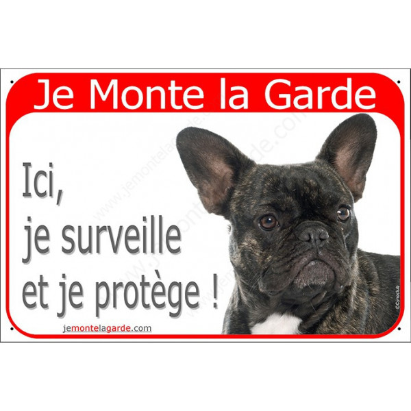 Bouledogue Français Bringé, plaque portail rouge "Je Monte la Garde, surveille et protège" bulldog bringué photo